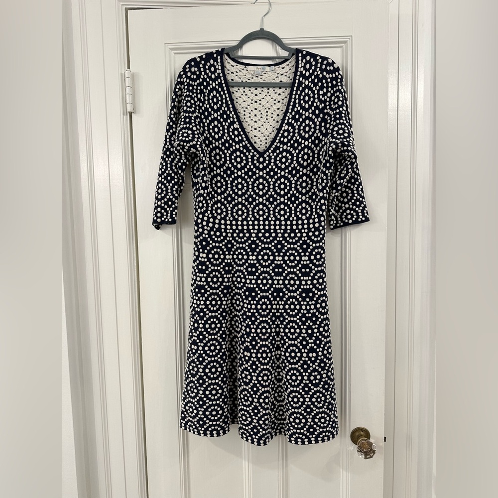 Boden Navy and White Long Sleeve V-Neck Midi Dress